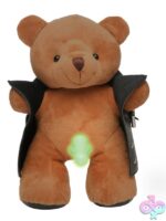 Brown plush exhibitionist teddy bear in black vegan leather jacket with glow-in-the-dark feature by Xr - Master Series