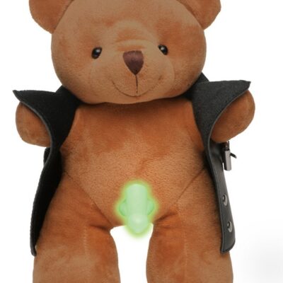 Brown plush exhibitionist teddy bear in black vegan leather jacket with glow-in-the-dark feature by Xr - Master Series