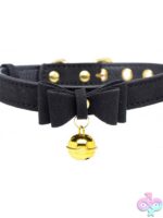 Adjustable black and gold PU leather kitty play bell collar with bow tie accent by Xr - Master Series