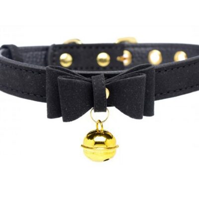 Adjustable black and gold PU leather kitty play bell collar with bow tie accent by Xr - Master Series