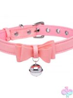 Adjustable pink PU leather kitty play bell collar with bow tie accent by Xr - Master Series