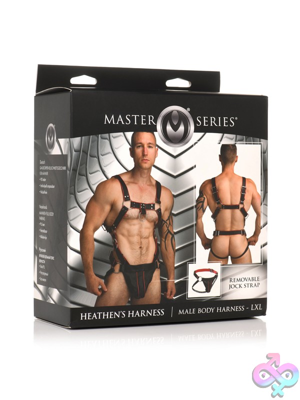 Discreet-Toys-Master-Series-Heathen-Harness-Male-Body-Harness-L-Xl-Nu-Xr-Ah094-Lxl Black And Red Pu Leather Male Body Harness With 2-Inch Cock Ring And Jock Strap By Xr Master Series