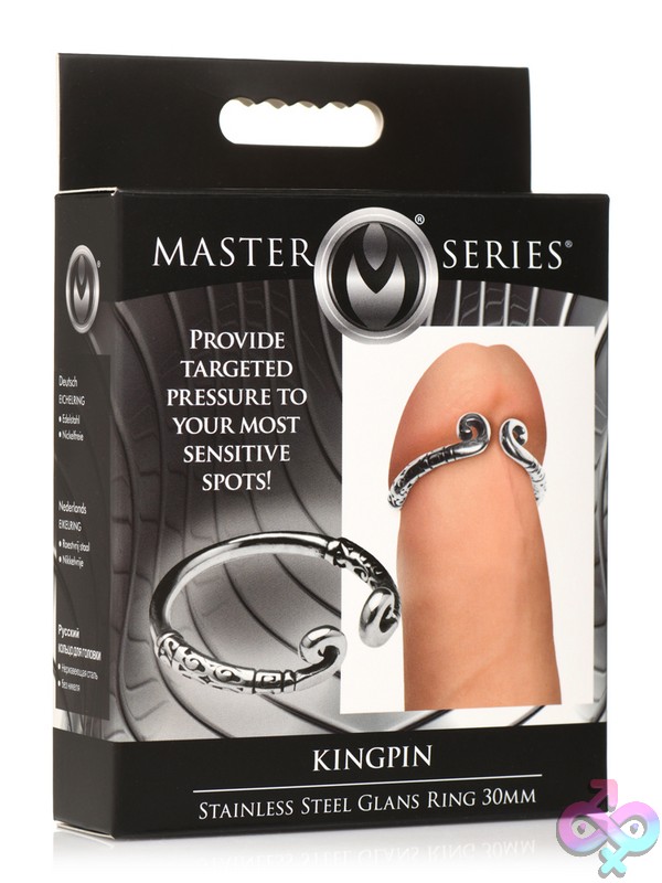 Discreet-Toys-Master-Series-Kingpin-Stainless-Steel-Glans-Ring-30Mm-Nu-Xr-Ah359-30 Kingpin Adjustable Stainless Steel Glans Ring In Silver With Whorled Pattern And Curled Ends By Xr - Master Series