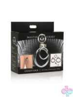 Polished silver stainless steel locking cock and ball ring set with gold key by Master Series