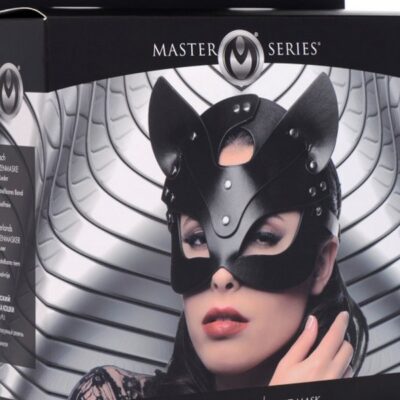 Black vegan cat ear mask with nickel-free metal studs and adjustable strap by Xr - Master Series