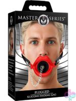 Red silicone feeding gag with black adjustable strap and removable plug by Master Series