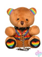 Soft brown plush Pride Bear with rainbow harness and removable spiked black collar and leash by Xr - Master Series