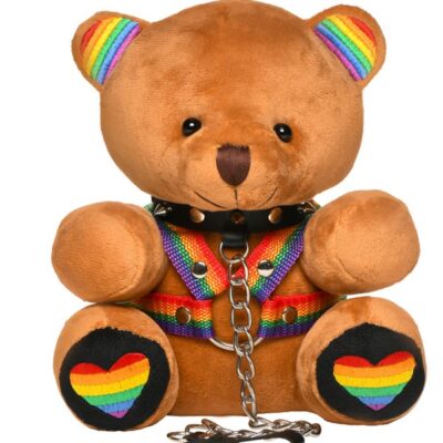 Soft brown plush Pride Bear with rainbow harness and removable spiked black collar and leash by Xr - Master Series