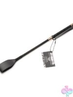 18-inch black leather riding crop by Xr Master Series shown full length against neutral background