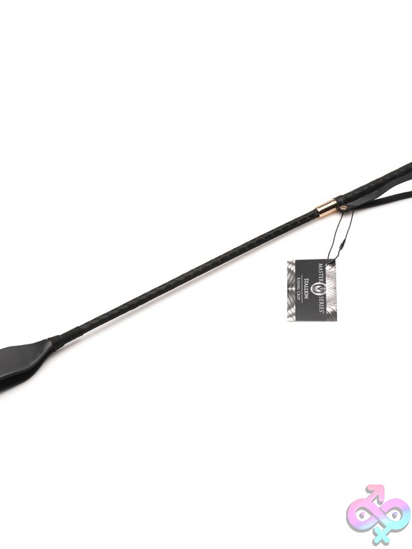 Discreet-Toys-Master-Series-Riding-Crop-24-Nu-Xr-Ah236-24 24-Inch Gray Leather Riding Crop By Xr Master Series Shown Against Neutral Background