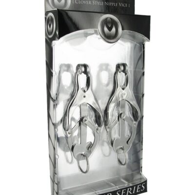 Polished chrome clover-style nipple clamps with O-ring in silver metal by Xr - Master Series