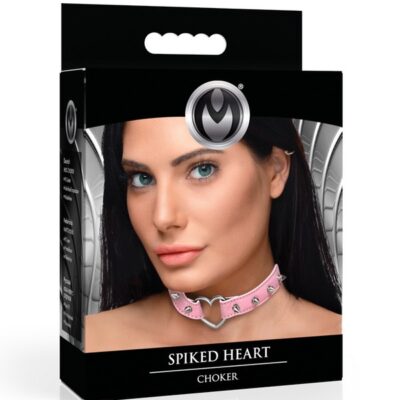 Pink Spiked Heart Choker In Vegan Leather With Metal Snap Closure By Xr Master Series