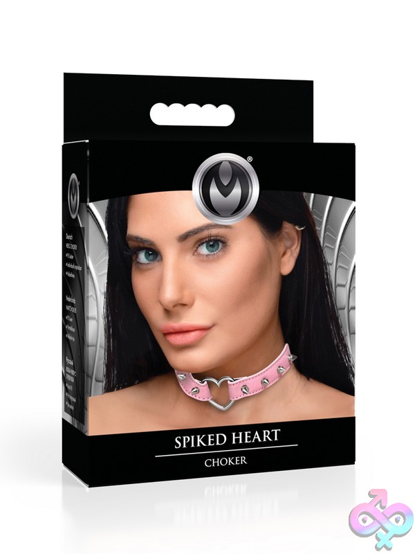 Discreet-Toys-Master-Series-Spiked-Heart-Choker-Pink-Nu-Xr-Ah523-Pink Pink Spiked Heart Choker In Vegan Leather With Metal Snap Closure By Xr Master Series