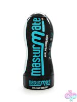 Masturmate beige textured anal masturbator in sleek black squeeze container by Creative Conceptions