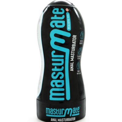 Masturmate beige textured anal masturbator in sleek black squeeze container by Creative Conceptions