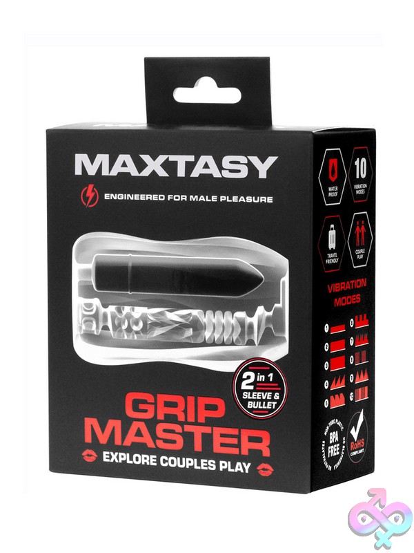 Discreet-Toys-Maxtasy-Grip-Master-Nu-Max-Grimas01 Clear Dual-Opening Vibrating Stroker Sleeve With Removable Bullet By Maxtasy