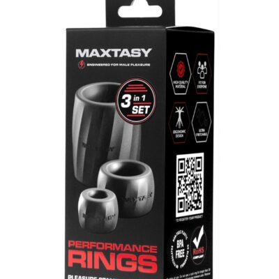Set of three black stretchy performance rings by Maxtasy arranged on a neutral surface