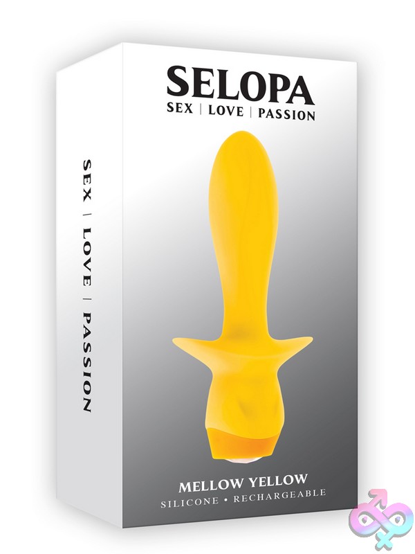 Discreet-Toys-Mellow-Yellow-Nu-Sl-Rs-5421-2 Mellow Yellow Vibrating Silicone Plug In Yellow By Selopa With Heart-Gem Control Button And Wide Textured Safety Base