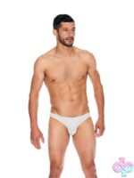 Men's white microfiber open back underwear with contour pouch, front and back view