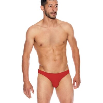 Men's red microfiber open back underwear with contour pouch front view