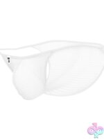White sheer mesh bikini briefs for men with adjustable straps and front cup by Male Basics