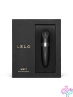 Mia 2 black silicone lipstick clitoral vibrator by Lelo shown upright against neutral background