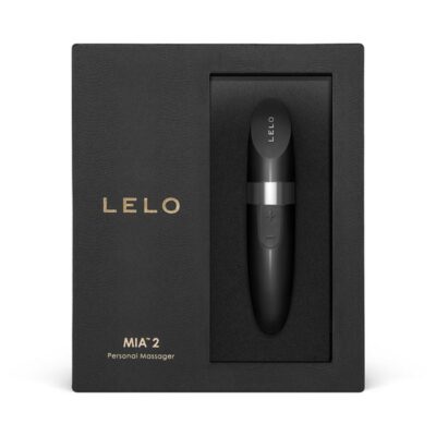 Mia 2 black silicone lipstick clitoral vibrator by Lelo shown upright against neutral background