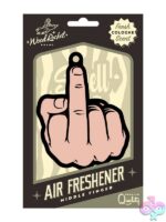 Black middle finger peach cardboard air freshener with fresh cologne scent by Wood Rocket