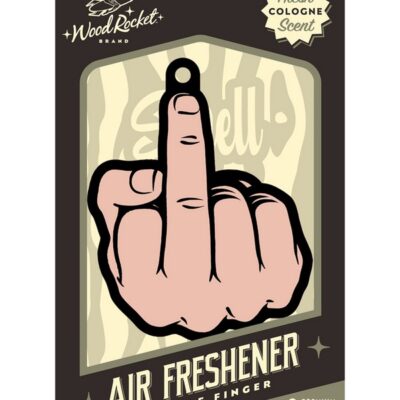 Black middle finger peach cardboard air freshener with fresh cologne scent by Wood Rocket
