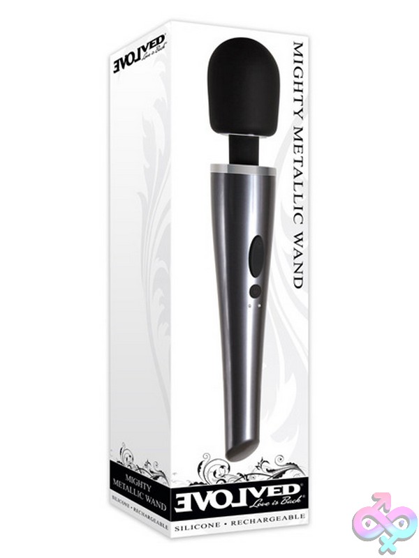 Discreet-Toys-Mighty-Metallic-Wand-Nu-En-Rs-3176-2 Charcoal Metallic Rechargeable Wand Vibrator With Flexible Silicone Head And Chrome Detail By Evolved Novelties