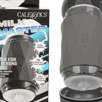 Gray dual-ended vibrating squeeze masturbator with EZ grip and removable end caps by California Exotic Novelties