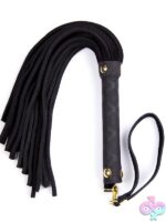 Mini leather flogger with 30 tails and wrapped handle in black, shown on neutral background