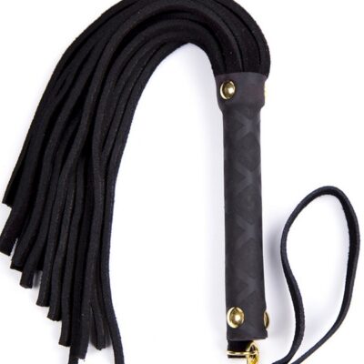 Mini leather flogger with 30 tails and wrapped handle in black, shown on neutral background