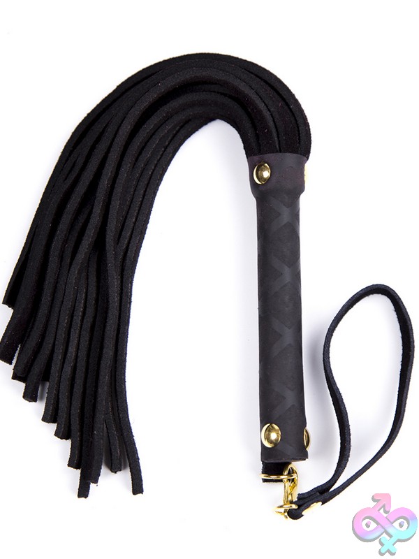 Discreet-Toys-Mini-Leather-Flogger-Black-Nu-Pc75002 Mini Leather Flogger With 30 Tails And Wrapped Handle In Black, Shown On Neutral Background
