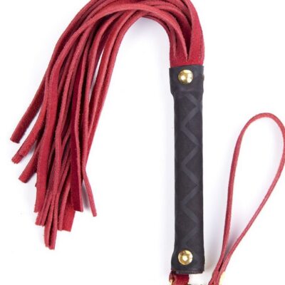 Mini leather flogger with 30 tails and wrapped handle in black, shown on neutral background