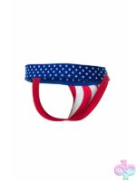 Male Basics Mob Pride Jockstrap in rainbow multi colorway on neutral background