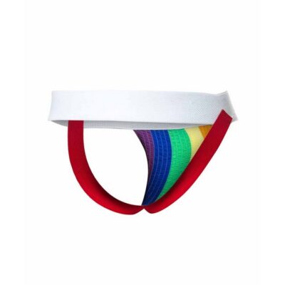 Male Basics Mob Pride Jockstrap in rainbow multi colorway on neutral background