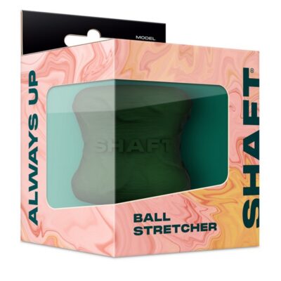 Shaft Model H liquid silicone ball stretcher in gray and green on neutral background