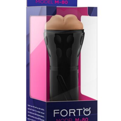 Realistic beige mouth stroker with textured tunnel and comfortable handle by Forto