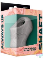Shaft Model P liquid silicone cock and ball stretcher in gray and green on neutral background