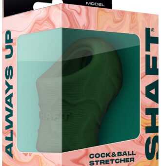 Shaft Model P Liquid Silicone Cock And Ball Stretcher In Gray And Green On Neutral Background