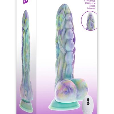 Monster's Ball thrusting vibrator with graduated beads in swirling purple silicone by Gender X