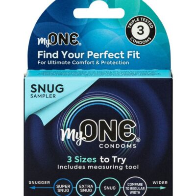 MyONE Custom Fit snug condom sampler 3-pack with FitKit measuring tool in clear latex by Paradise Marketing