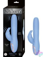 My Secret Utopia dual-motor rabbit vibrator in pink and blue on a soft neutral background