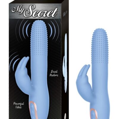 My Secret Utopia dual-motor rabbit vibrator in pink and blue on a soft neutral background
