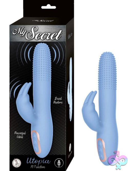 My Secret Utopia Dual-Motor Rabbit Vibrator In Pink And Blue On A Soft Neutral Background