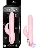 My Secret Utopia dual-motor rabbit vibrator in pink and blue on a soft neutral background