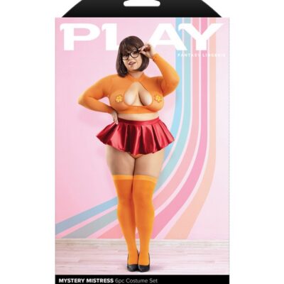 Red six-piece wetlook and mesh costume set with glasses and pasties in 3X/4X by Fantasy Lingerie