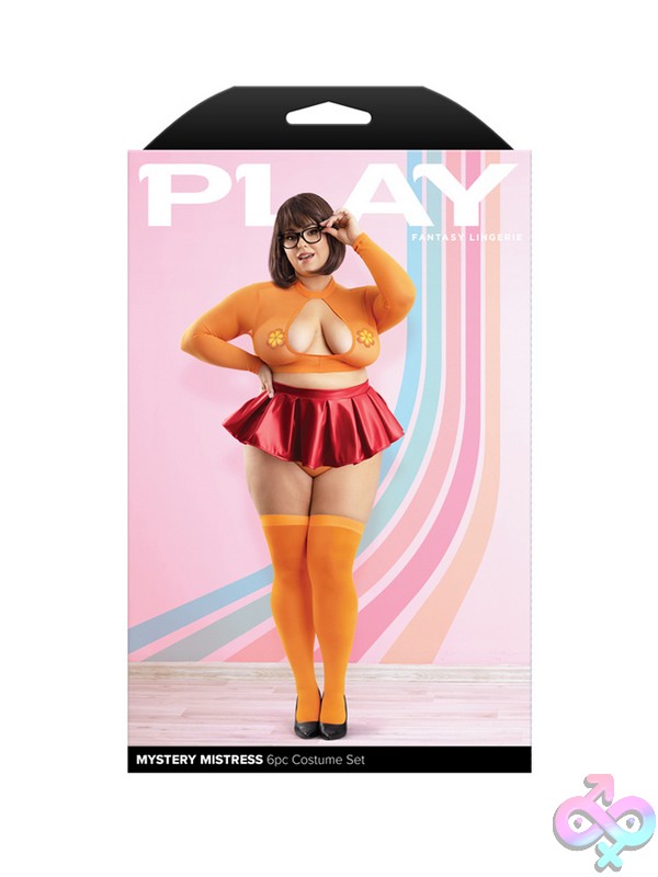 Discreet-Toys-Mystery-Mistress-6Pc-Costume-Set-3X-4X-Nu-Pl2413-3X4X-B Red Six-Piece Wetlook And Mesh Costume Set With Glasses And Pasties In 3X/4X By Fantasy Lingerie