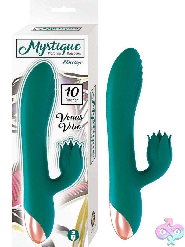 Discreet-Toys-Mystique-Venus-Vibe-Green-Nu-Nw3143-1 Green Dual-Motor Rabbit Vibrator With Petal Stimulator Attachment In Silicone By Nasstoys